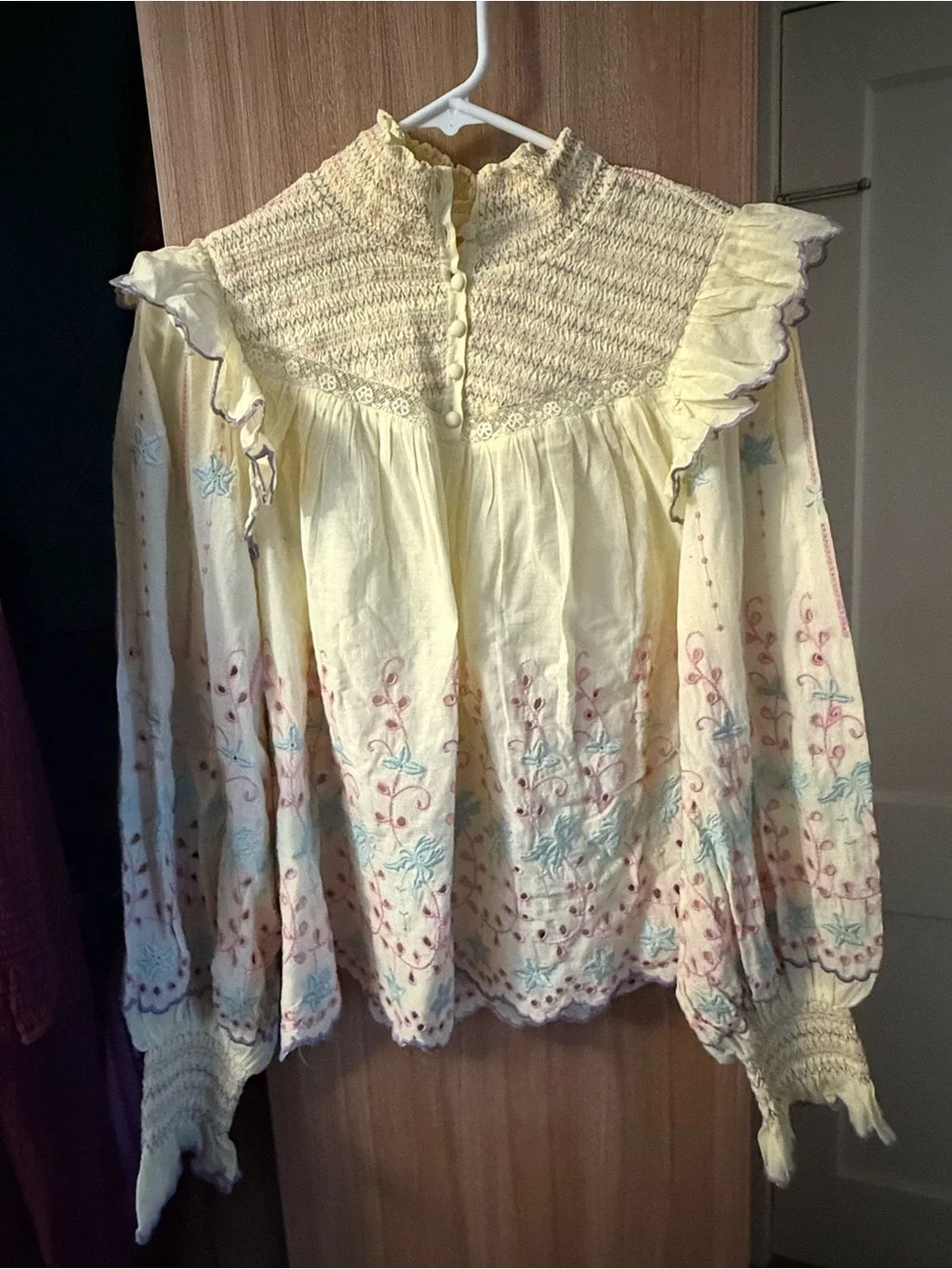 LoveShackFancy Pale Yellow Embroidered Ruffle Smocked Blouse